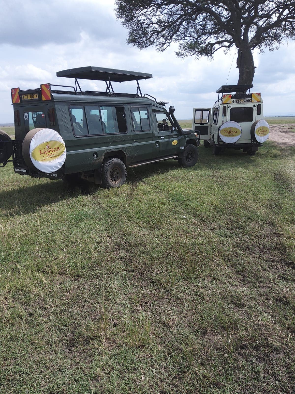 Two Khweza safari vehicles parked beneath a lone tree in the Maasai Mara